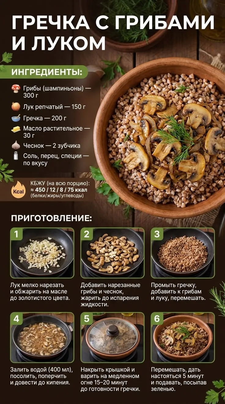 Гречка с грибами и луком 🧅🤤
