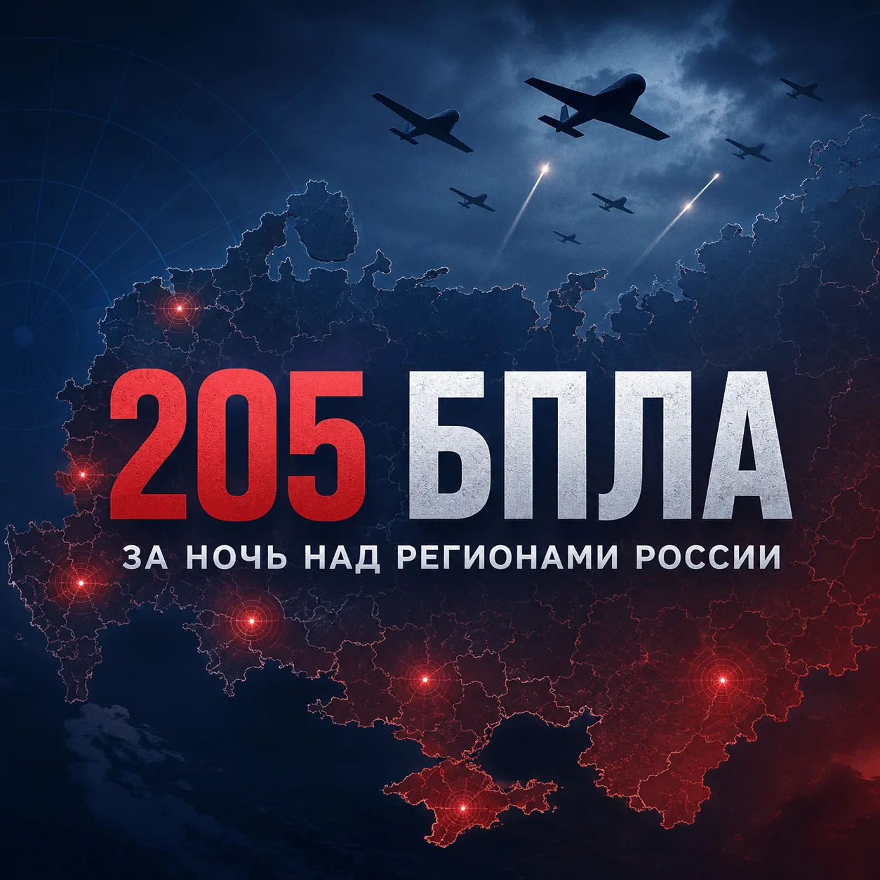 Ночью над регионами России уничтожили 205 беспилотников