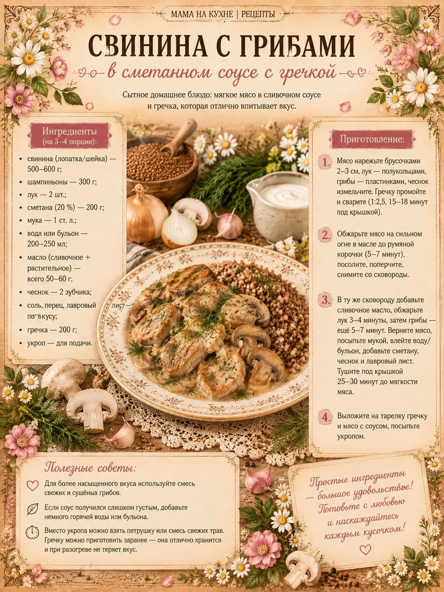 🌸 Свинина с грибами в сметанном соусе с гречкой 🌸