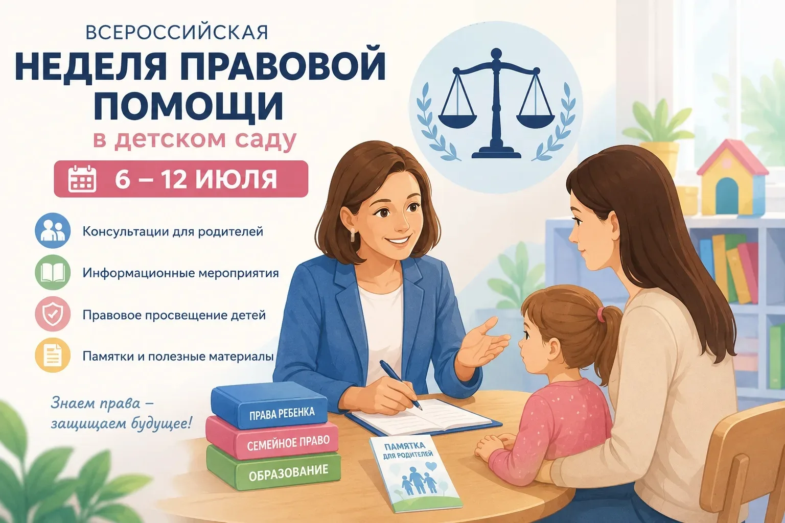 Всероссийская неделя правовой помощи в детском саду

Уважаемые родители!

С 6 по 12 июля в нашем дет