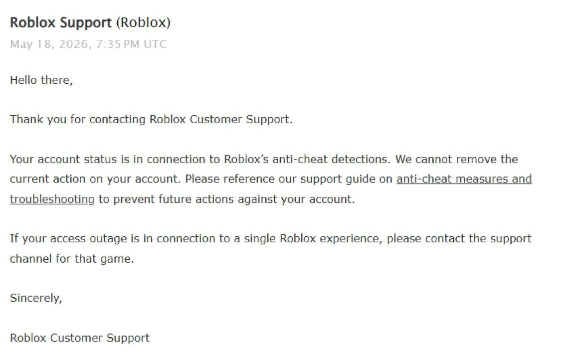 👀 Roblox изменил систему банов

Теперь некоторые жалобы на баны в Roblox будут проверяться автомати