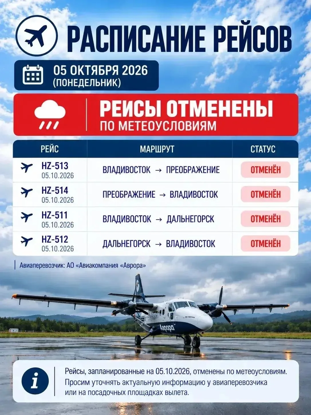 Отмена авиарейсов внутри края на сегодня по метеоусловиям. 🛩️