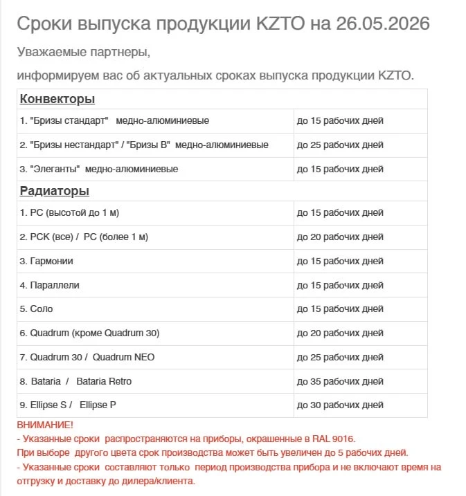 🗓 Актуальные сроки выпуска теплового оборудования KZTO на 26 мая 2026 г. ☀️