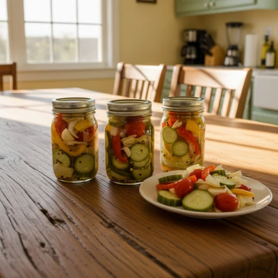 Маринованное ассорти «Летняя радуга» 🥒🍅🌶

Банка яркого маринованного ассорти — словно летний буке