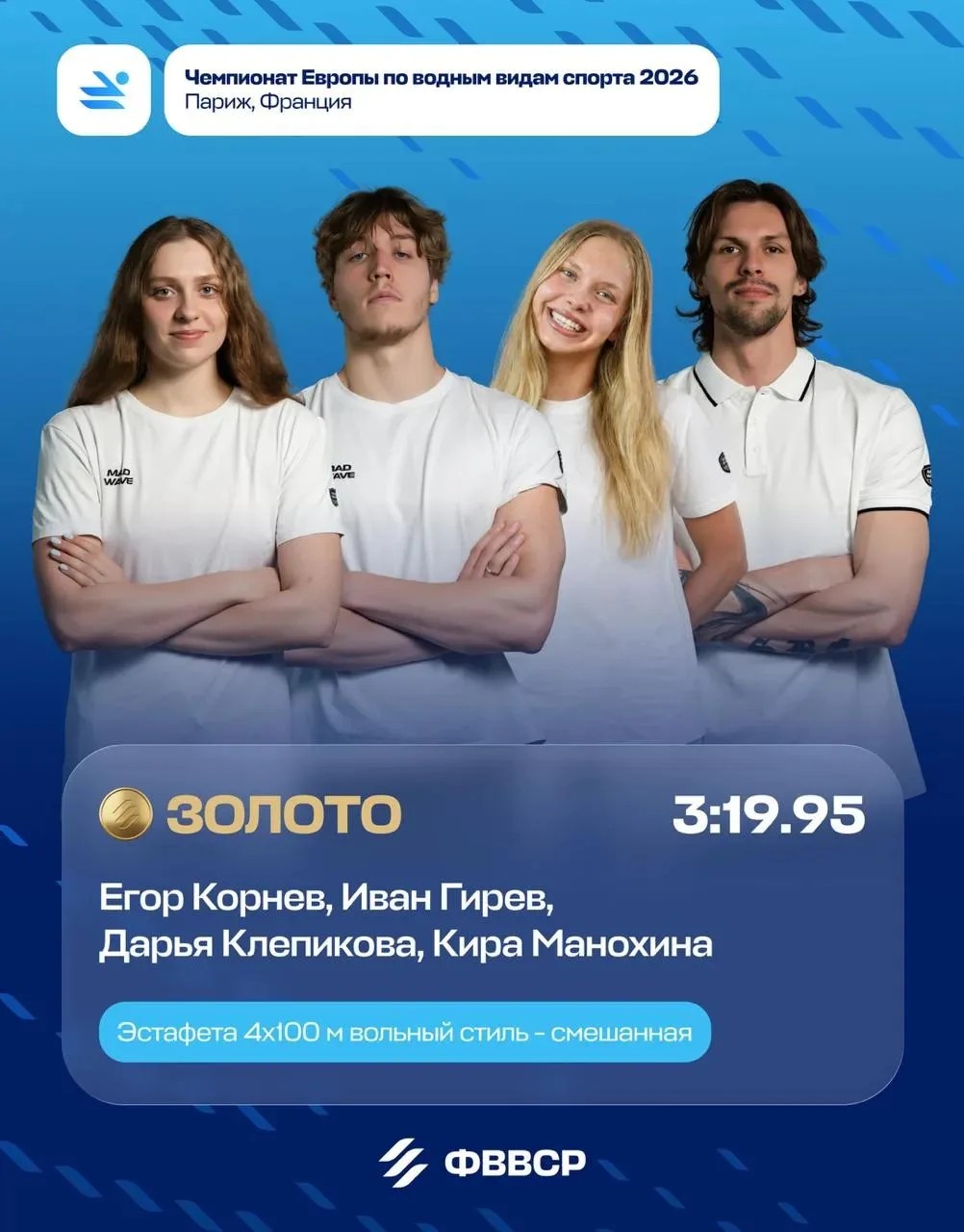 Сборная России триумфально выиграла смешанную эстафету 4×100 м вольным стилем на чемпио...