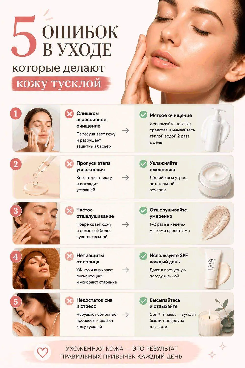 5 ошибок в уходе, из-за которых кожа выглядит тусклой ✨

Кажется, что уход есть, а сияния нет?
Возмо