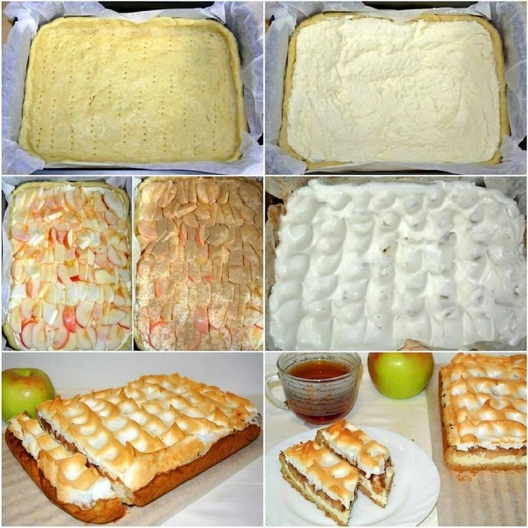 Очень вкусный песочный пирог с творожно-яблочной начинкой и верхушкой безе.
