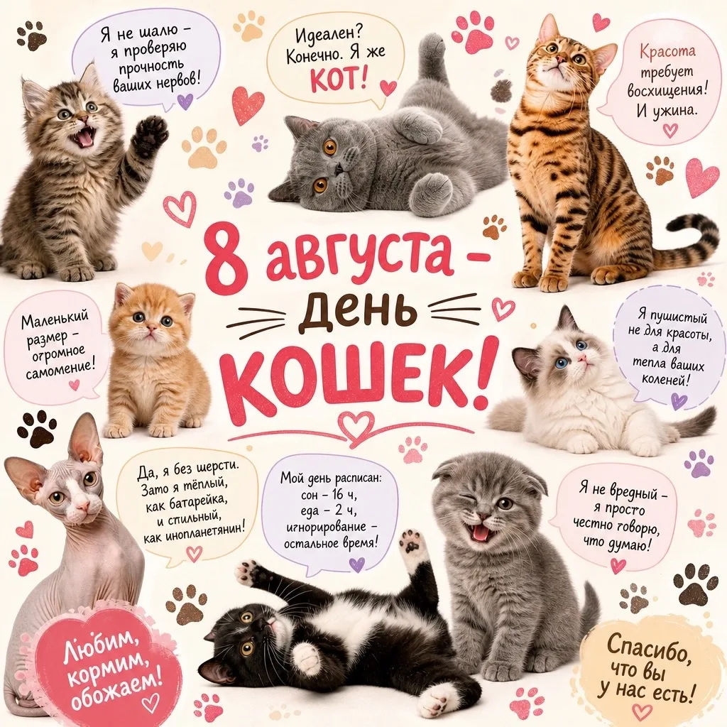 🐾 Мяу-привет всем! 8 августа — Всемирный день кошек! 🐱✨