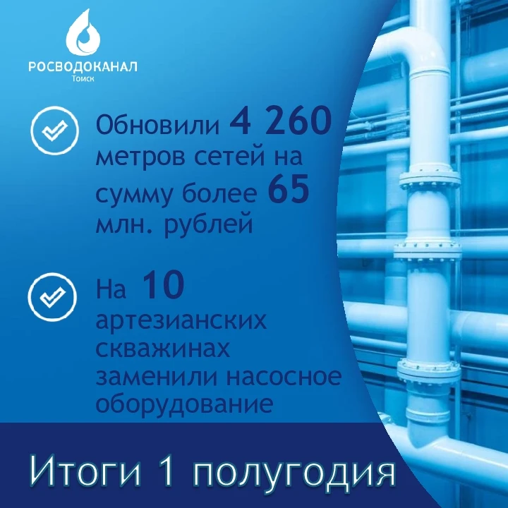 ✅Росводоканал Томск за 1 полугодие переложил более 4 км. сетей 

Компания «Росводоканал Томск» подве