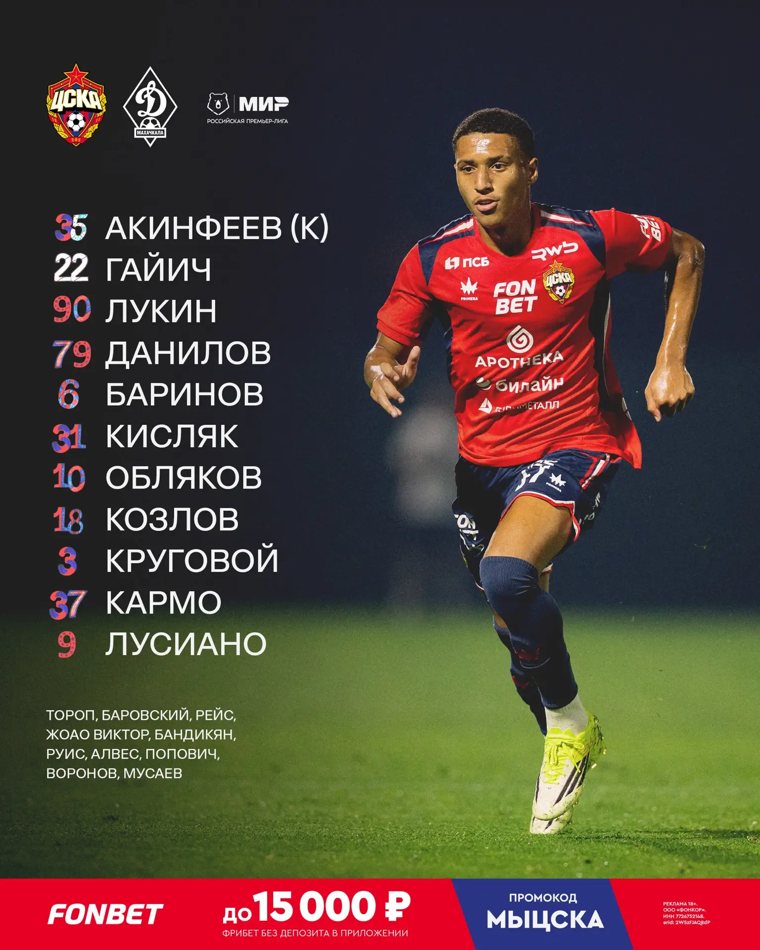 Стартовый состав на матч с «Динамо» Махачкала 🔴🔵
