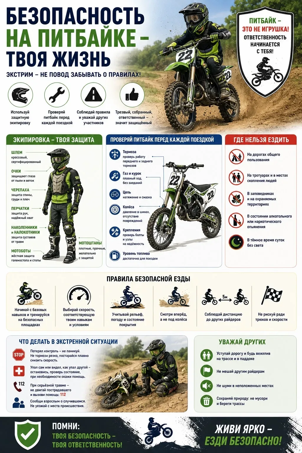 🏍️ БЕЗОПАСНОСТЬ НА ПИТБАЙКЕ
У многих мальчишек и девчонок есть свои двухколёсные друзья. Один из са