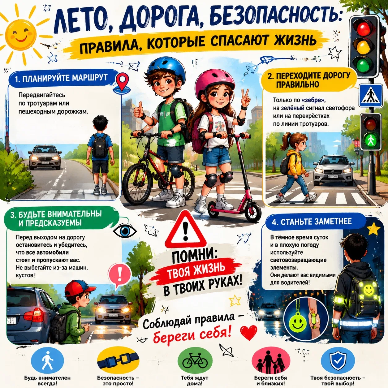 Лето, дорога, безопасность: правила, которые спасают жизнь. ☀️🚦

☀️ Лето — время каникул, прогулок 