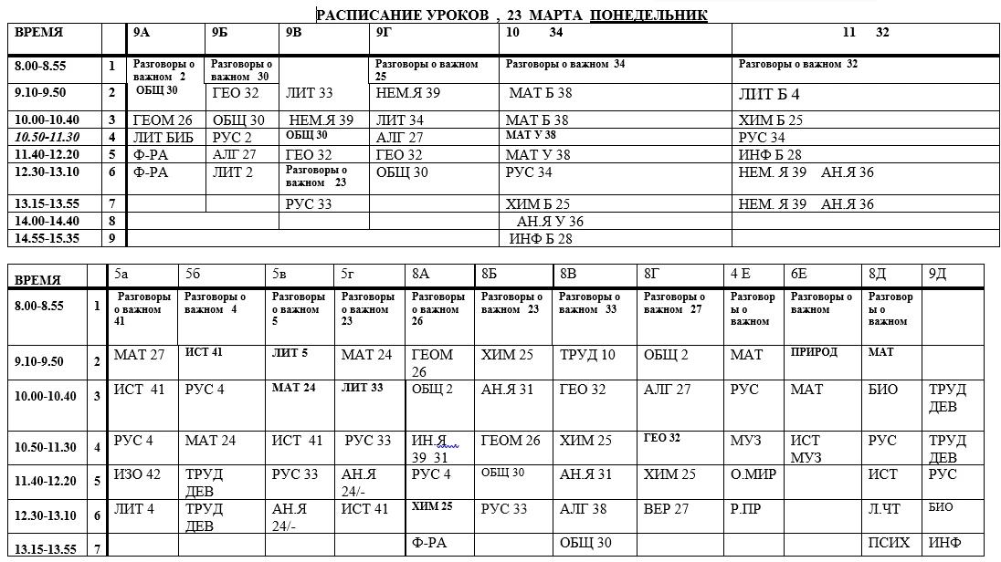 Расписание уроков на понедельник 23.03