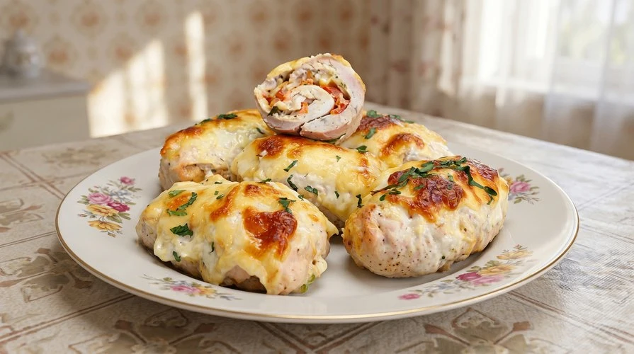 Вкусная курочка — Сочные куриные рулетики с начинкой из яиц, сыра, помидора и укропа под сметанно-го
