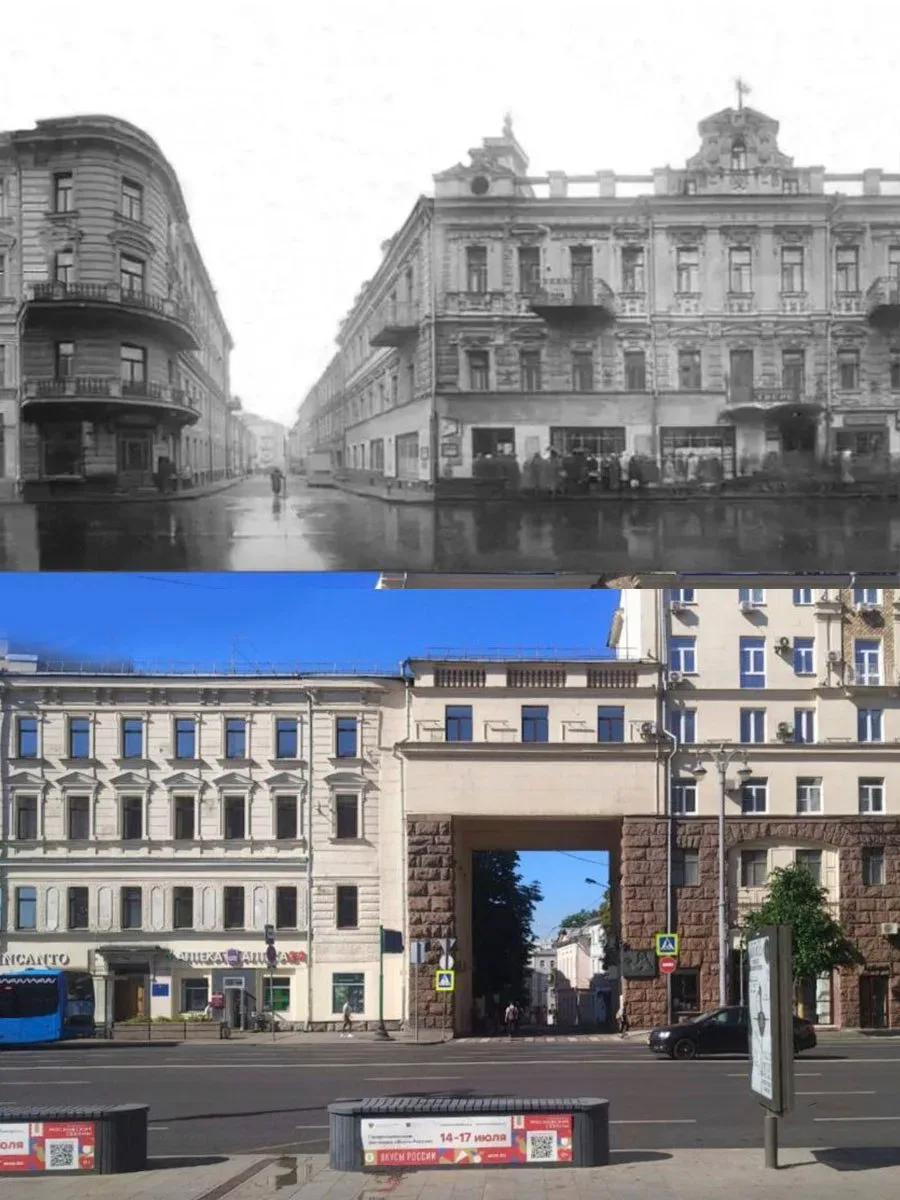 📍Тверская улица.  

1933/2024 год.

💡«Исчезнувший» переулок: На старой фотографии слева виден крас