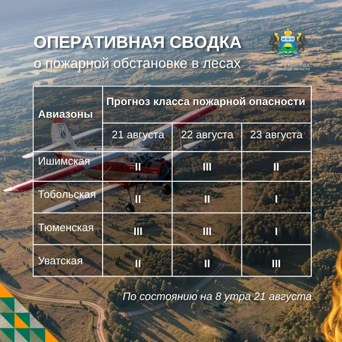 🔥 По данным региональной диспетчерской службы, на утро 21 августа в Тюменской области ...