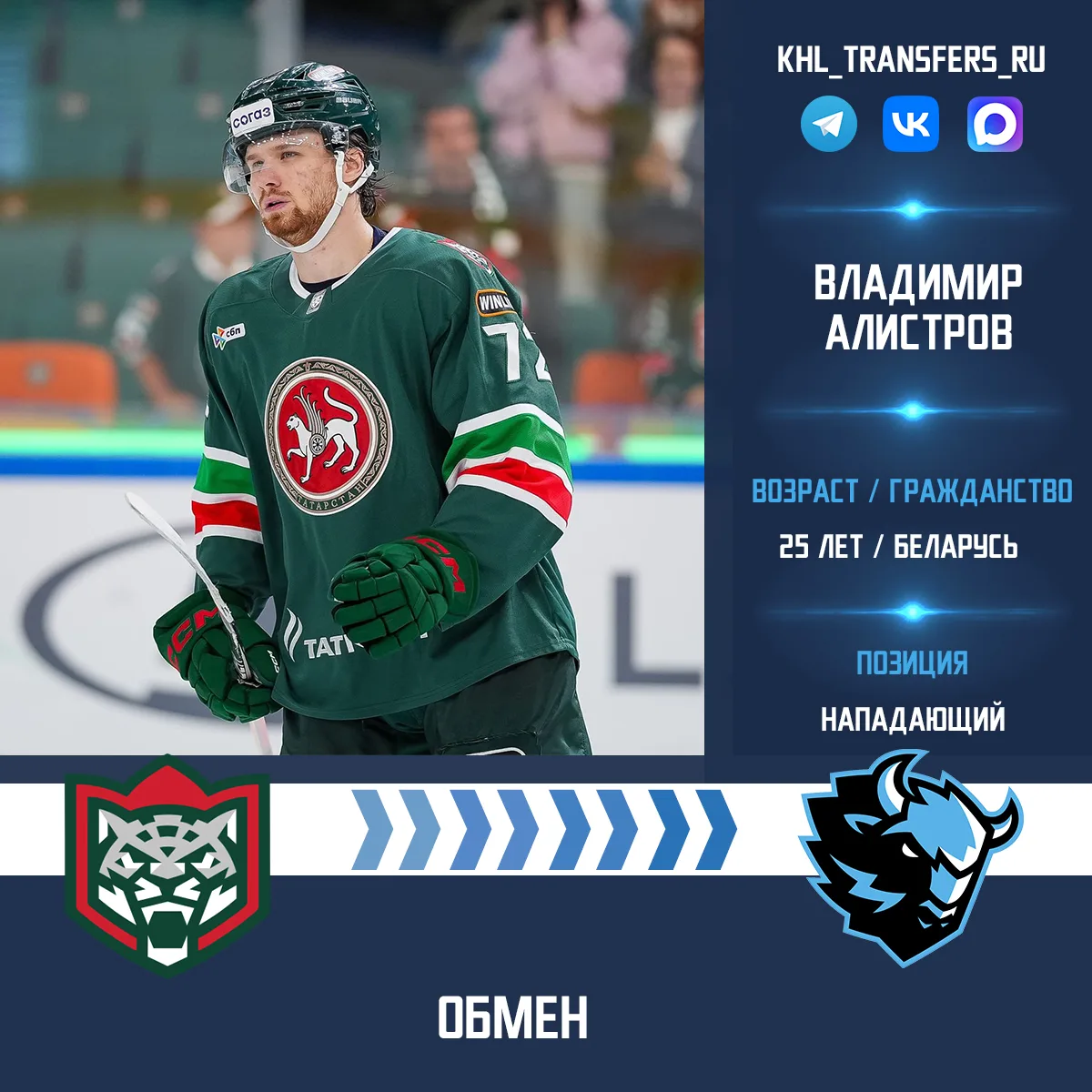 «Ак Барс» обменяет форварда Владимира Алистрова в минское «Динамо».