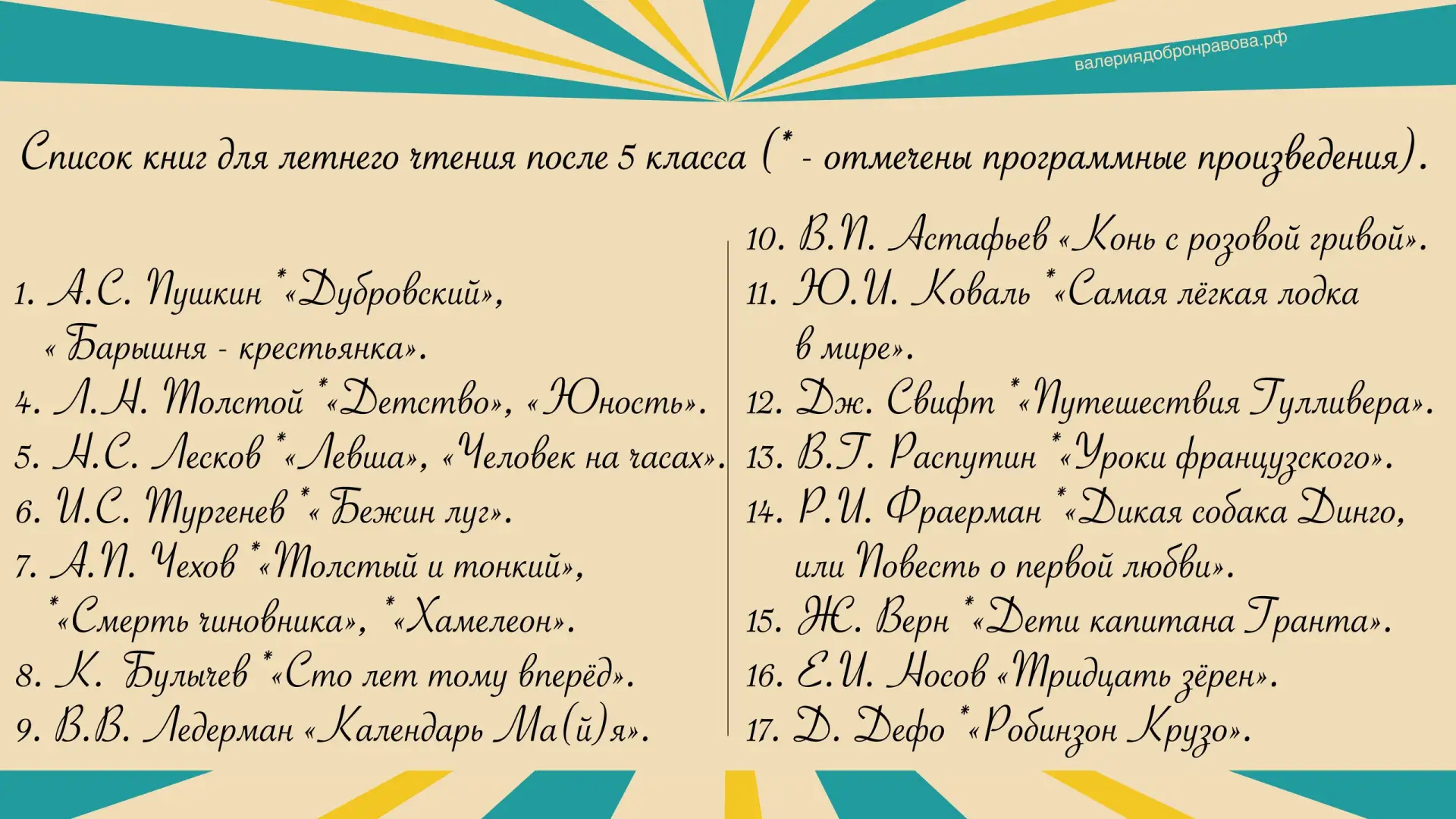 Список книг для летнего чтения после 5-го класса. Список можно скачать. Картинку выклад...