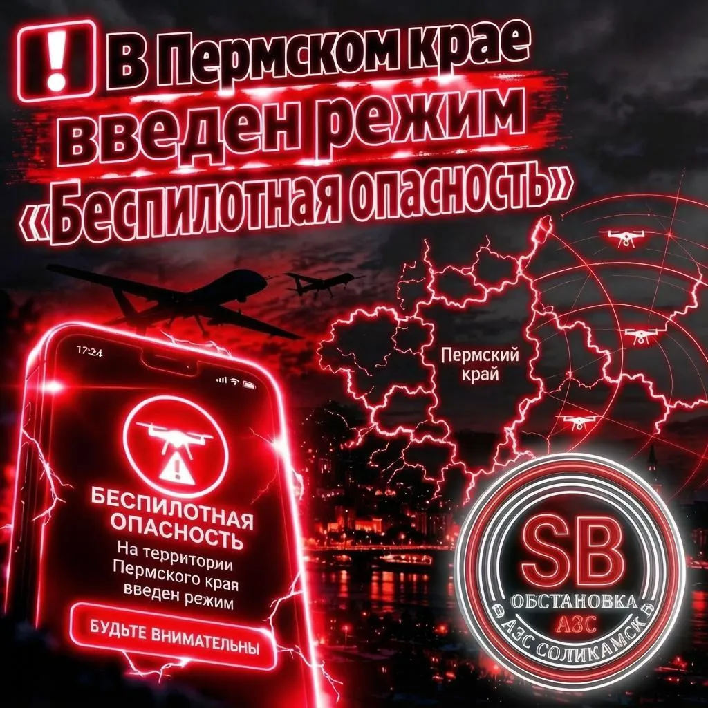 ❗️ Режим "Беспилотная опасность" введён на территории Пермского края 07.10.2026г. в 06:50.