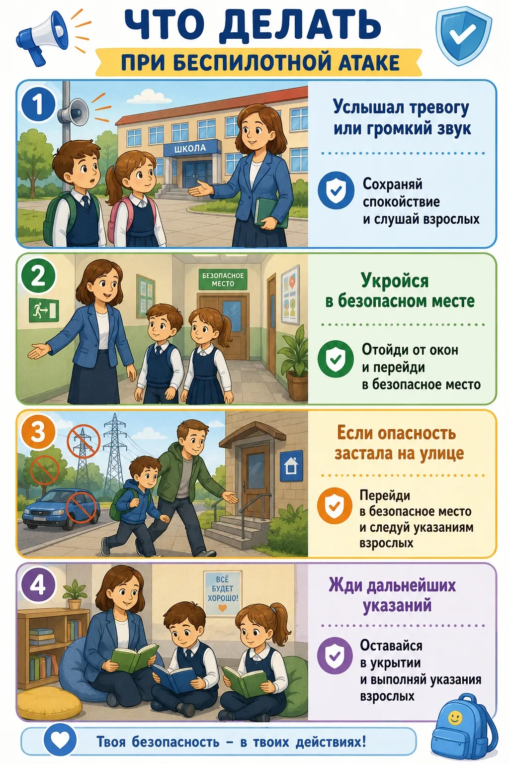 🛡 Памятка: Действия при угрозе БПЛА в школе

Главное правило: "Не паникуй! Слушай учителя и выполня