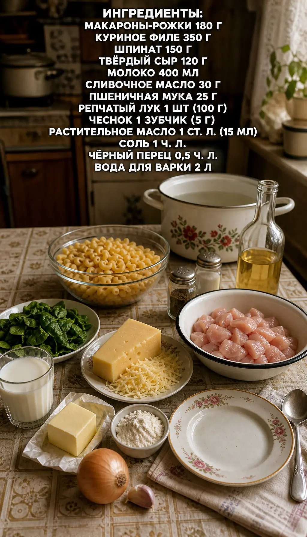 Макаронная запеканка с курицей и шпинатом