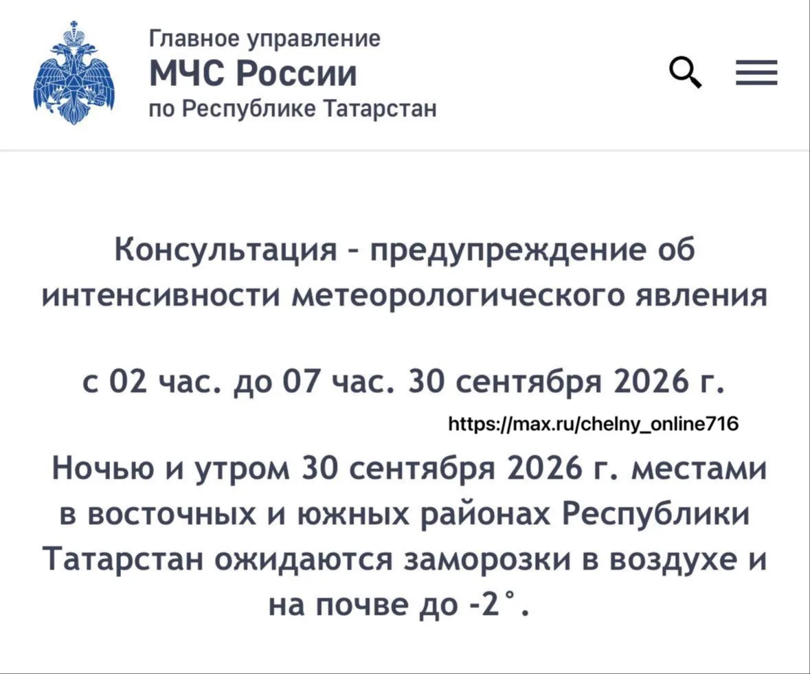 🥶 Завтра в Татарстане прогнозируют заморозки до –2 °C