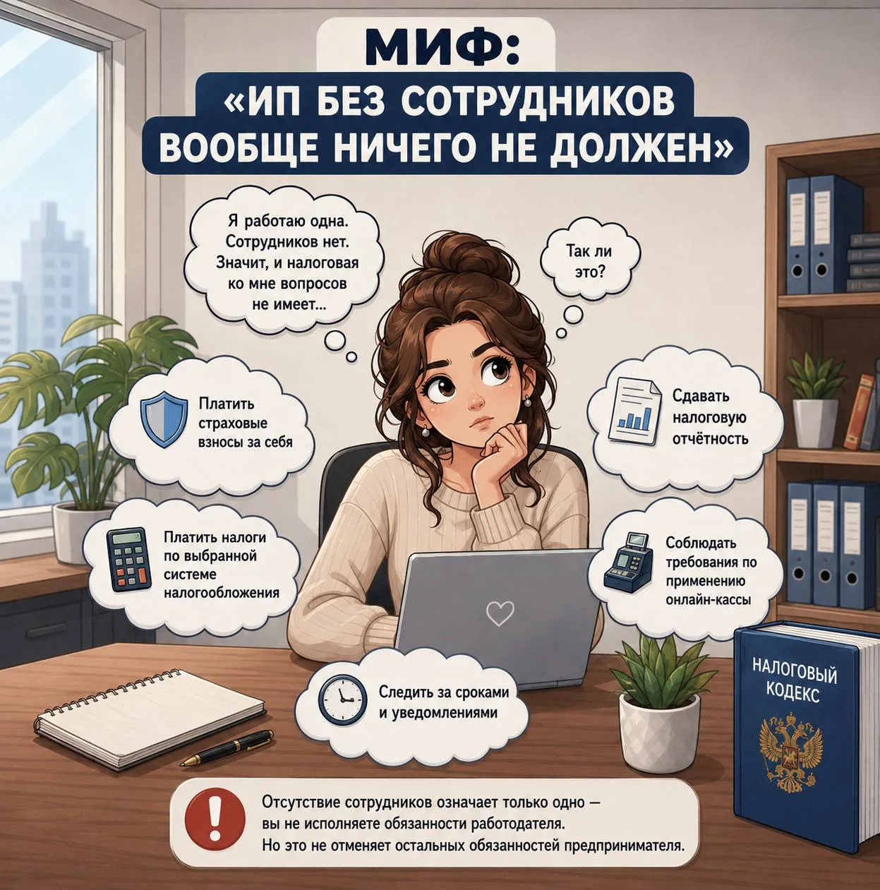 ❌ Миф: «ИП без сотрудников вообще ничего не должен»