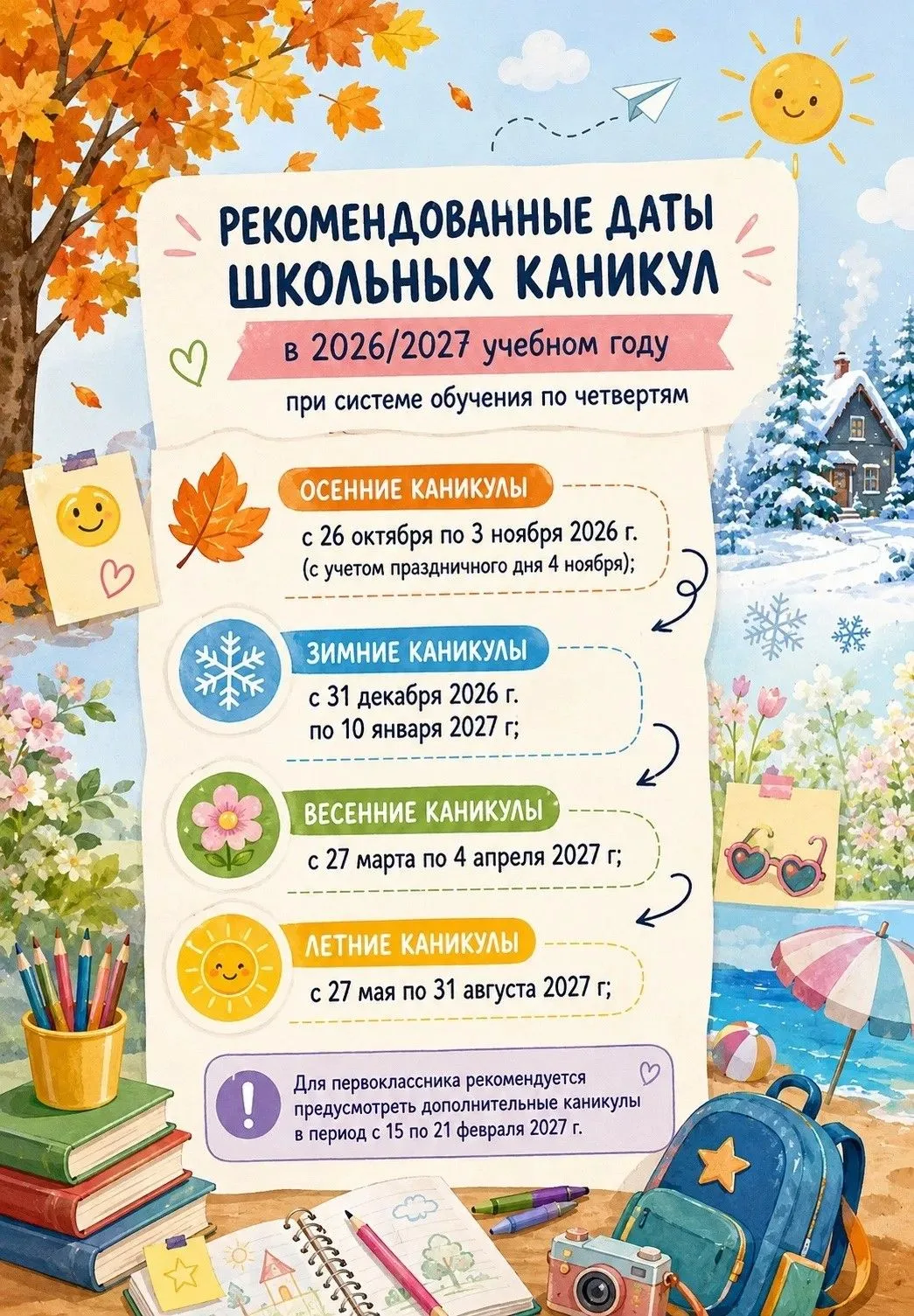 Минпросвещения России представило рекомендуемые сроки школьных каникул на 2026/2027 учебный год. Чер
