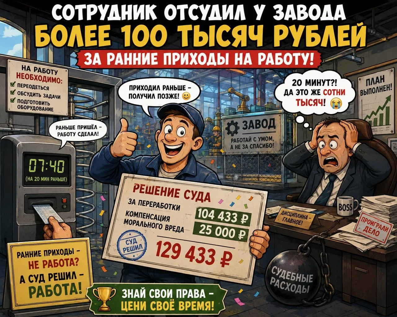 Сотрудник отсудил у завода более 100 тысяч рублей за ранние приходы на работу. Житель Миасса четыре 