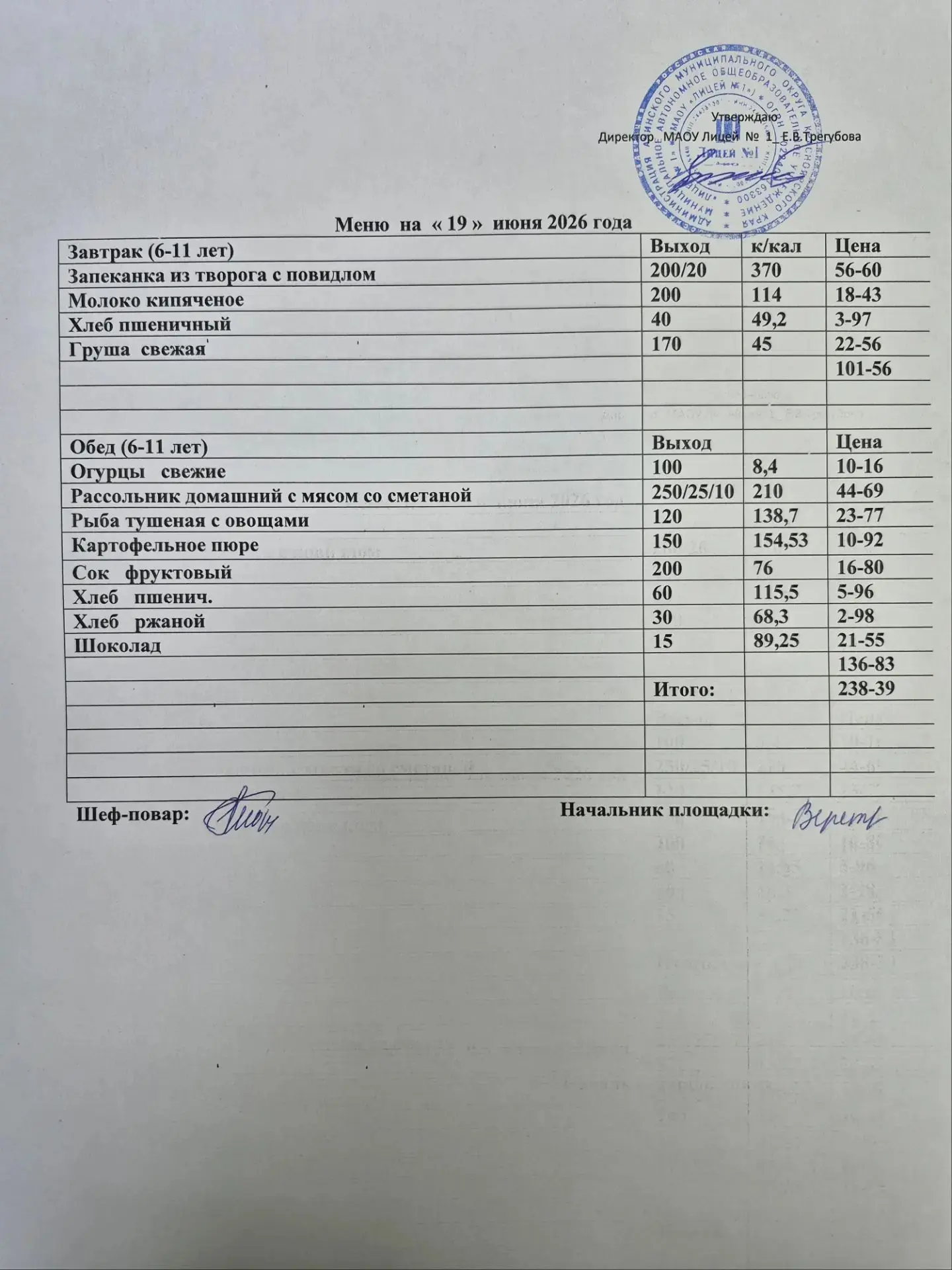 Меню учреждения с дневным пребыванием детей - 19 июня