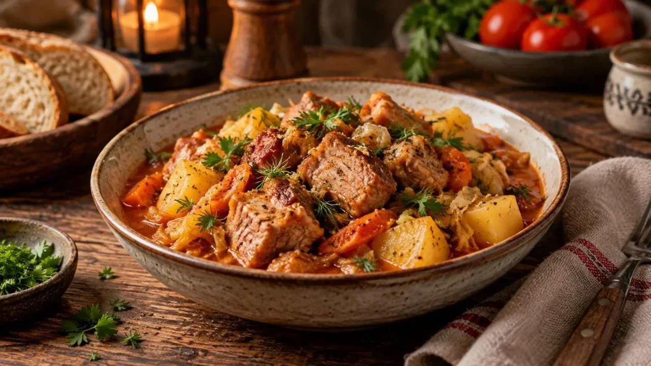 Сегодня на ужин — свинина, тушённая с капустой и картофелем 🥩🥬🥔