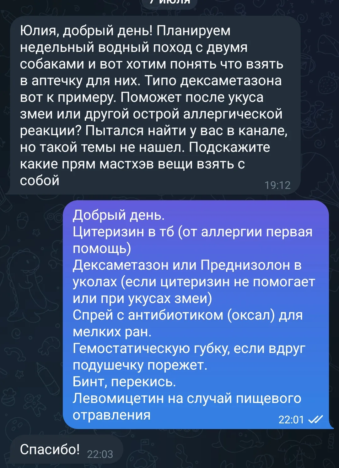 Два запроса на «аптечку для питомцев». Первый на скрине. Чётко, зачем, куда. Да и собаку я знаю. За 