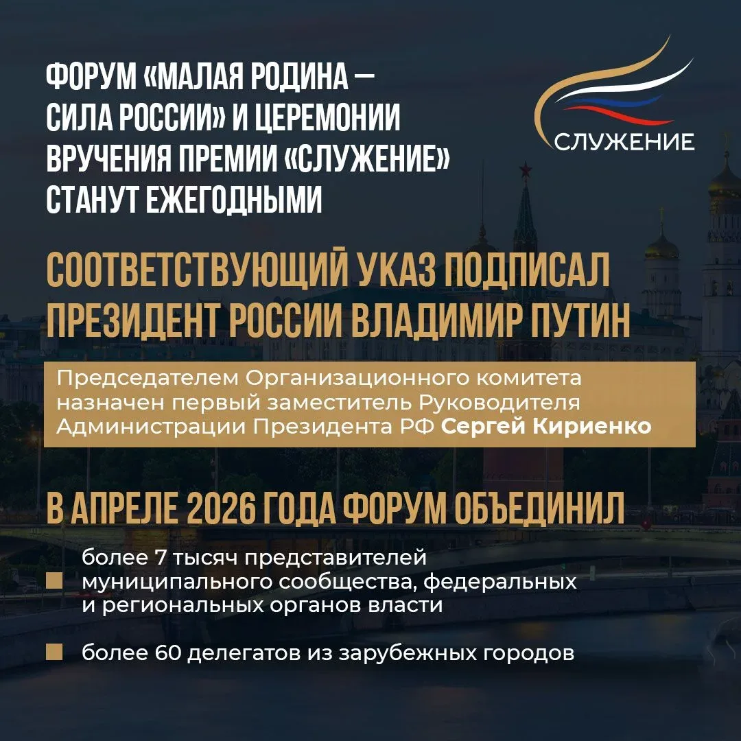 Владимир Путин подписал указ о ежегодном проведении форума «Малая родина – сила России»...