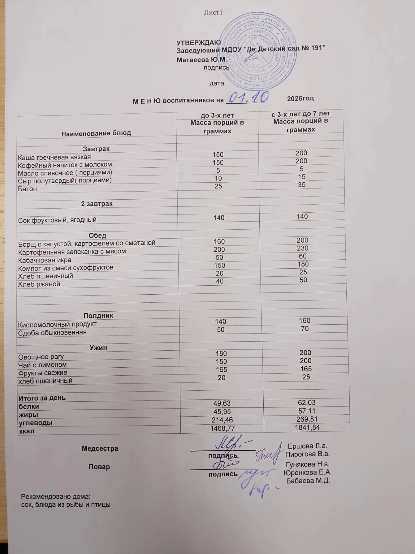 Меню на 01.10.2026