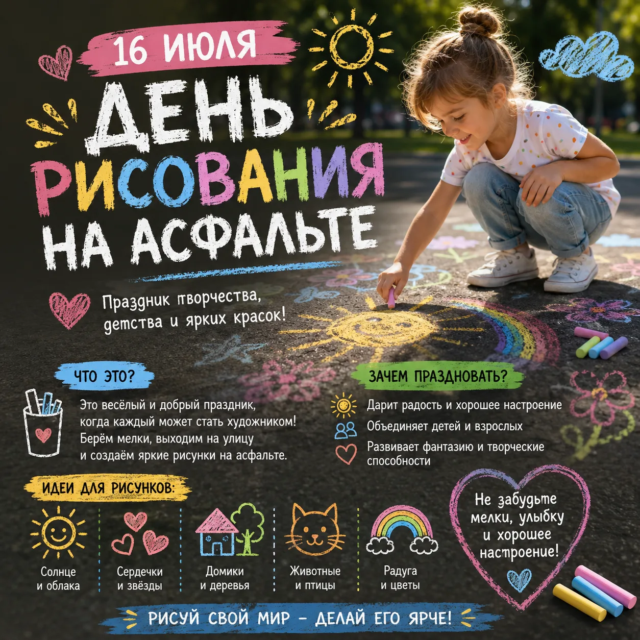 ☀️ Сегодня, 16 июля, отмечается необычный праздник — День рисования на асфальте!

Кажется, что может