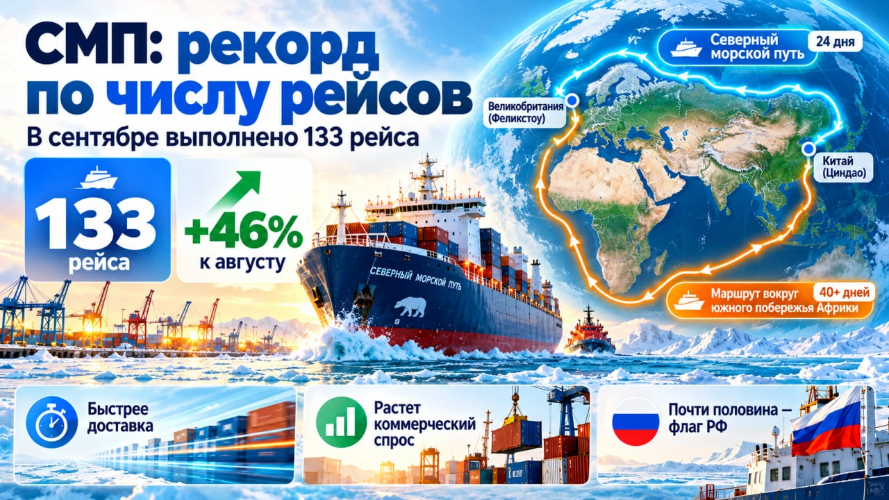 Северный морской путь (СМП) установил рекорд по числу рейсов. В сентябре по нему было в...