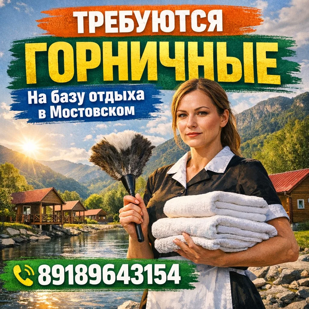 На постоянную работу в посёлке Мостовском требуются горничные.

Работа согласно графика сменности:

