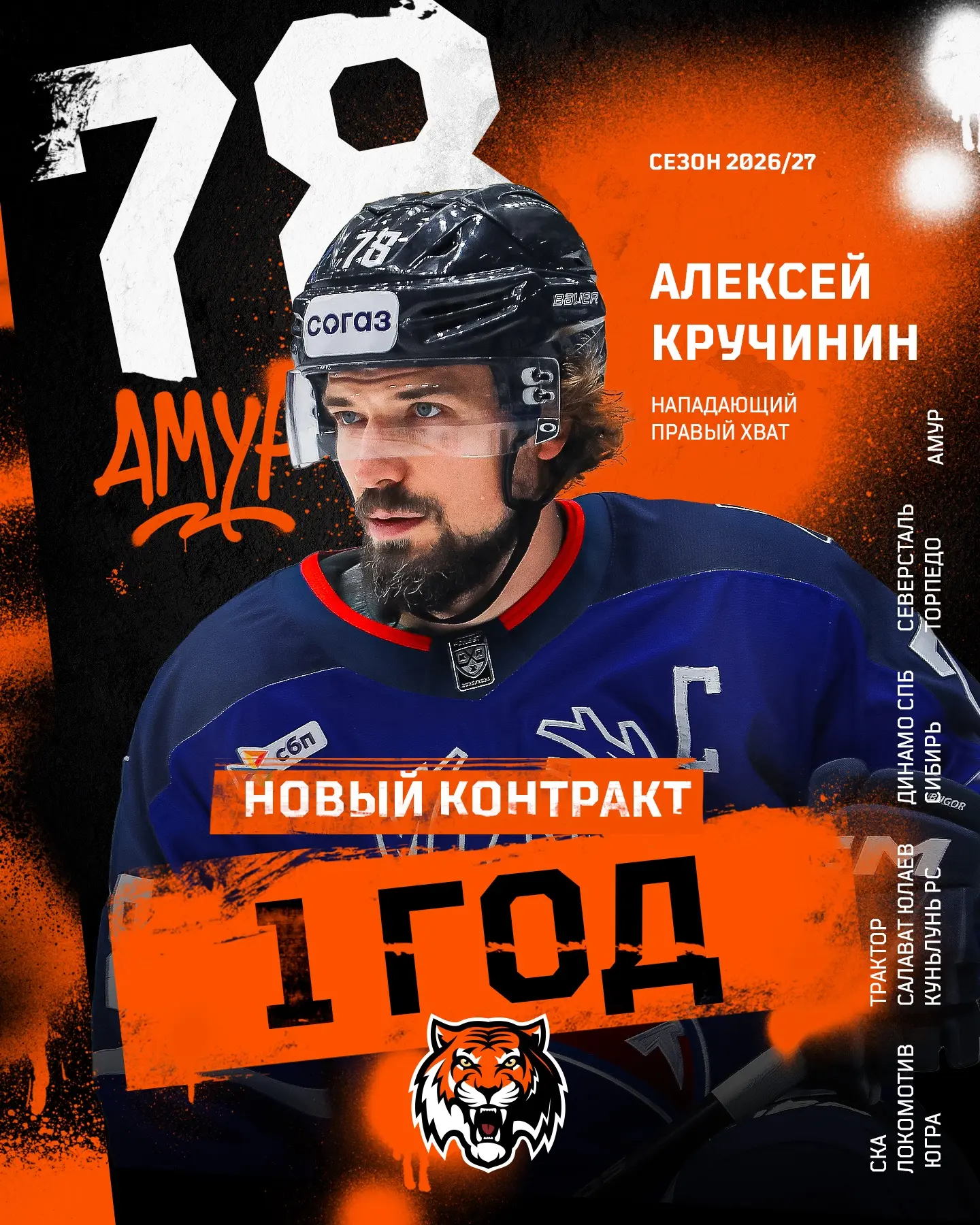 Хоккейный клуб «Амур» подписал однолетний контракт с Алексеем Кручининым!