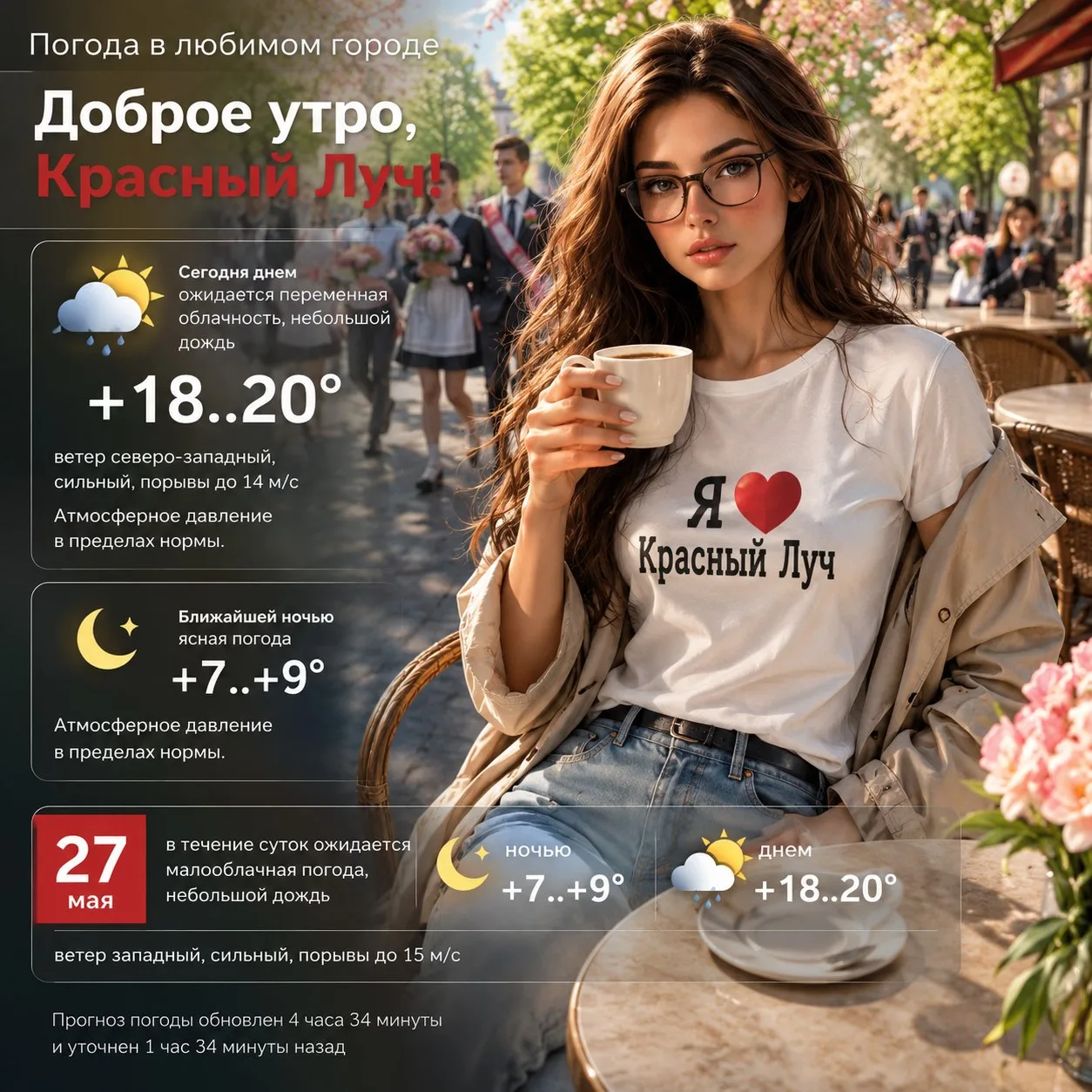 Сегодня днем ожидается переменная облачность, небольшой дождь, +18..20°, ветер северо-западный, силь