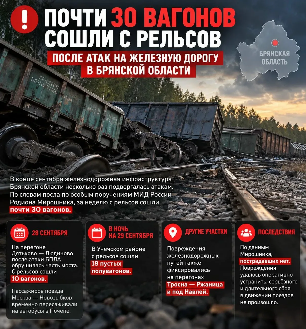 ❗️ Почти 30 вагонов сошли с рельсов после атак на железную дорогу в Брянской области