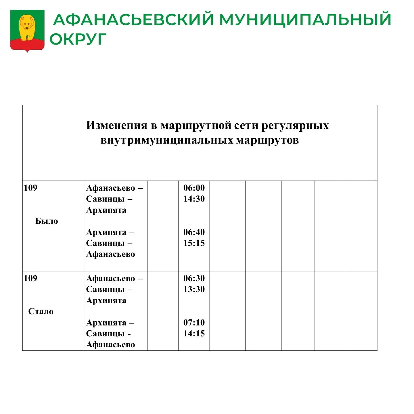 ✅С 1 сентября 2026 года в маршрут №109  «Афанасьево - Савинцы - Архипята - Савинцы - Аф...