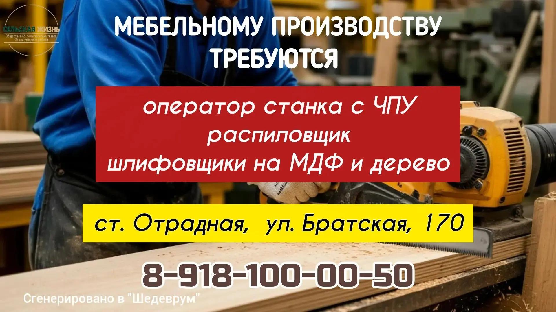 Мебельному производству требуются:

📍оператор станка с ЧПУ, 
📍распиловщик, 
📍шлифовщики на МДФ и 