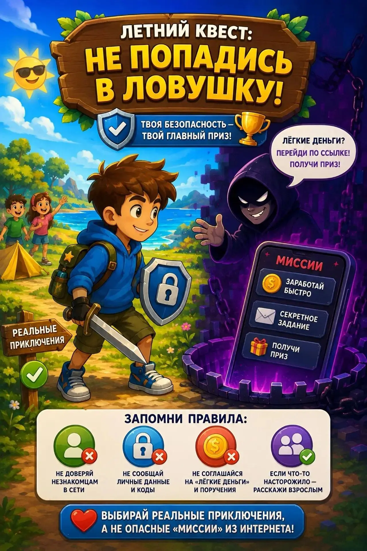 🎮 Летний квест: «Не попадись в ловушку!»

🦸🏻‍♂️Представь, что ты герой игры. Очень милый незнаком