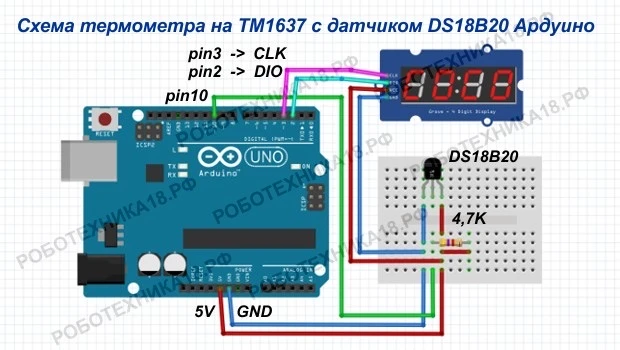 Проект Термометр на Ардуино с дисплеем TM1637 и DS18B20
https://роботехника18.рф/термометр/