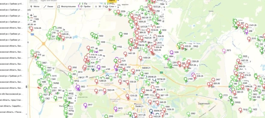 Карта объектов компании Геопрофи за последние 5 лет.