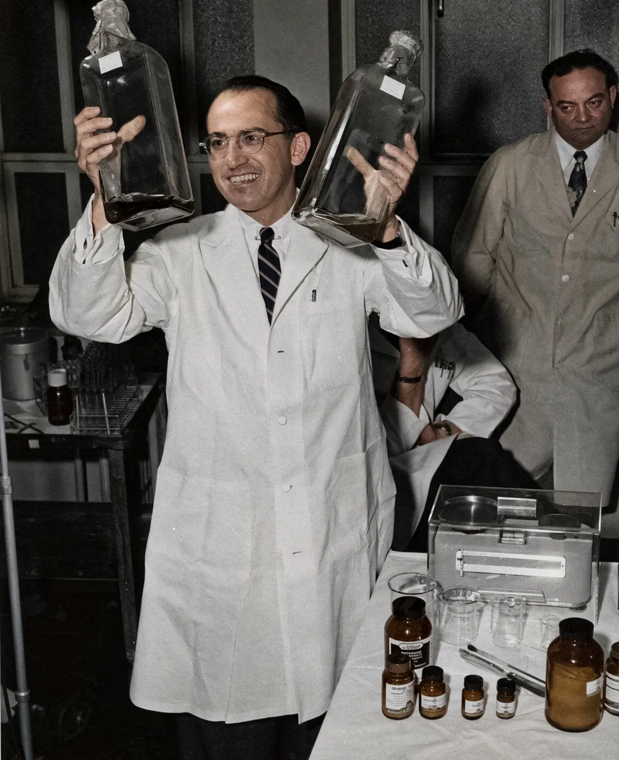 Джонас Солк демонстрирует первую вакцину против полиомиелита. 1955 год.