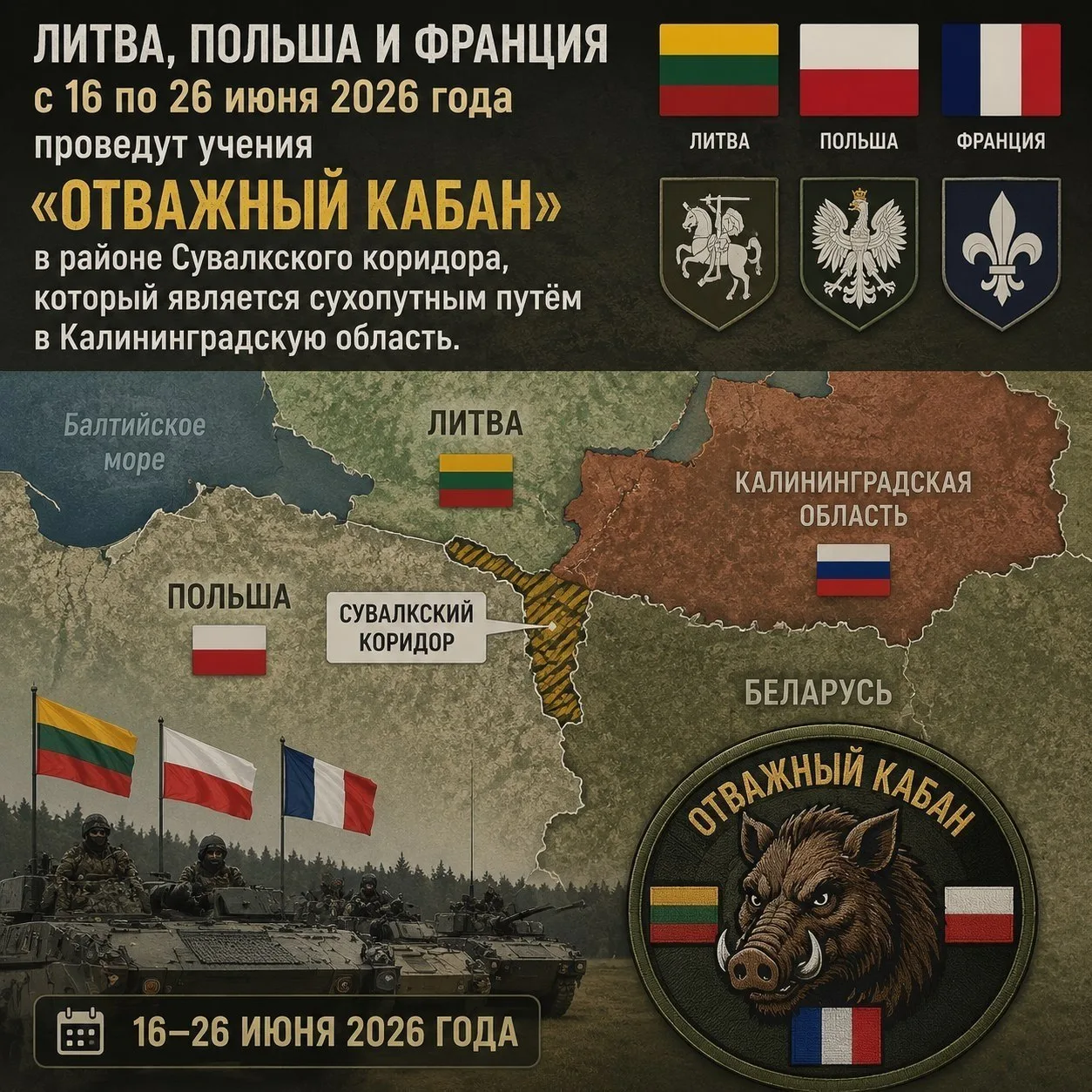 Франция, Польша и Литва проведут военные учения "Отважный кабан" в районе Сувалкского коридора

Стра