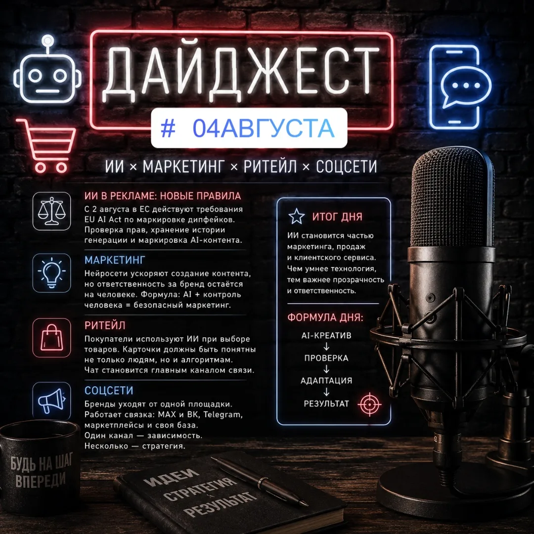 ДАЙДЖЕСТ | 3 АВГУСТА 2026 🗞️
ИИ × маркетинг × ритейл × соцсети
Главное за последние сутки — корот