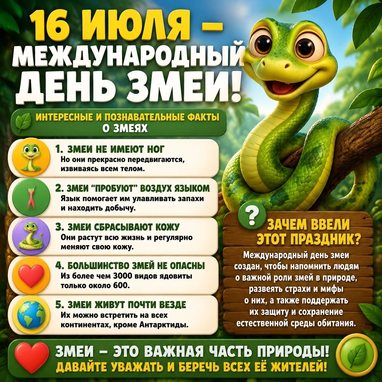 🎉 16 июля — Международный день змеи! 🐍 

Этот экологический праздник — отличный повод узнать больш