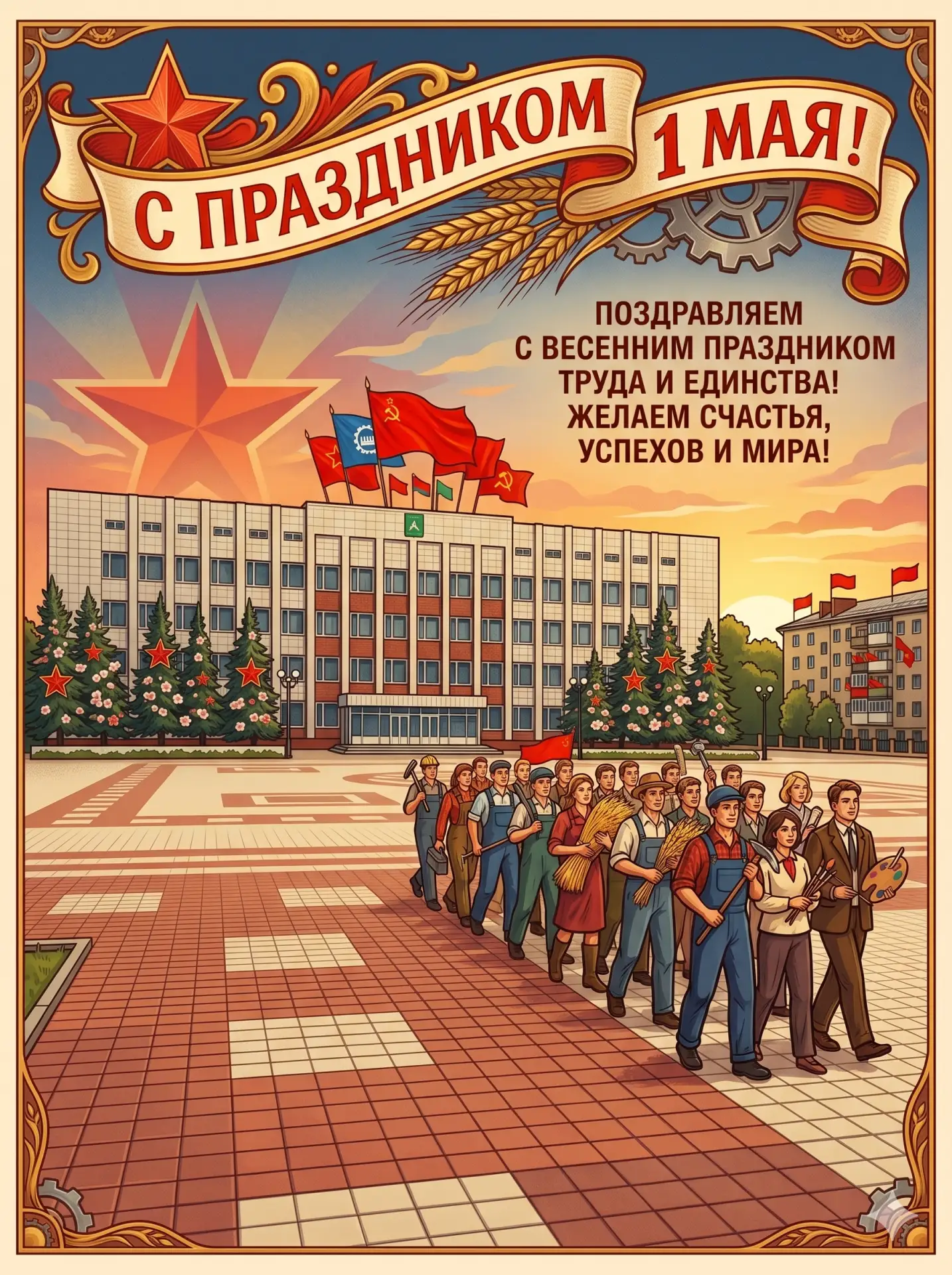 Впереди праздничные выходные!  Мы подготовили для вас красивые тематические открытки к Первомаю с из
